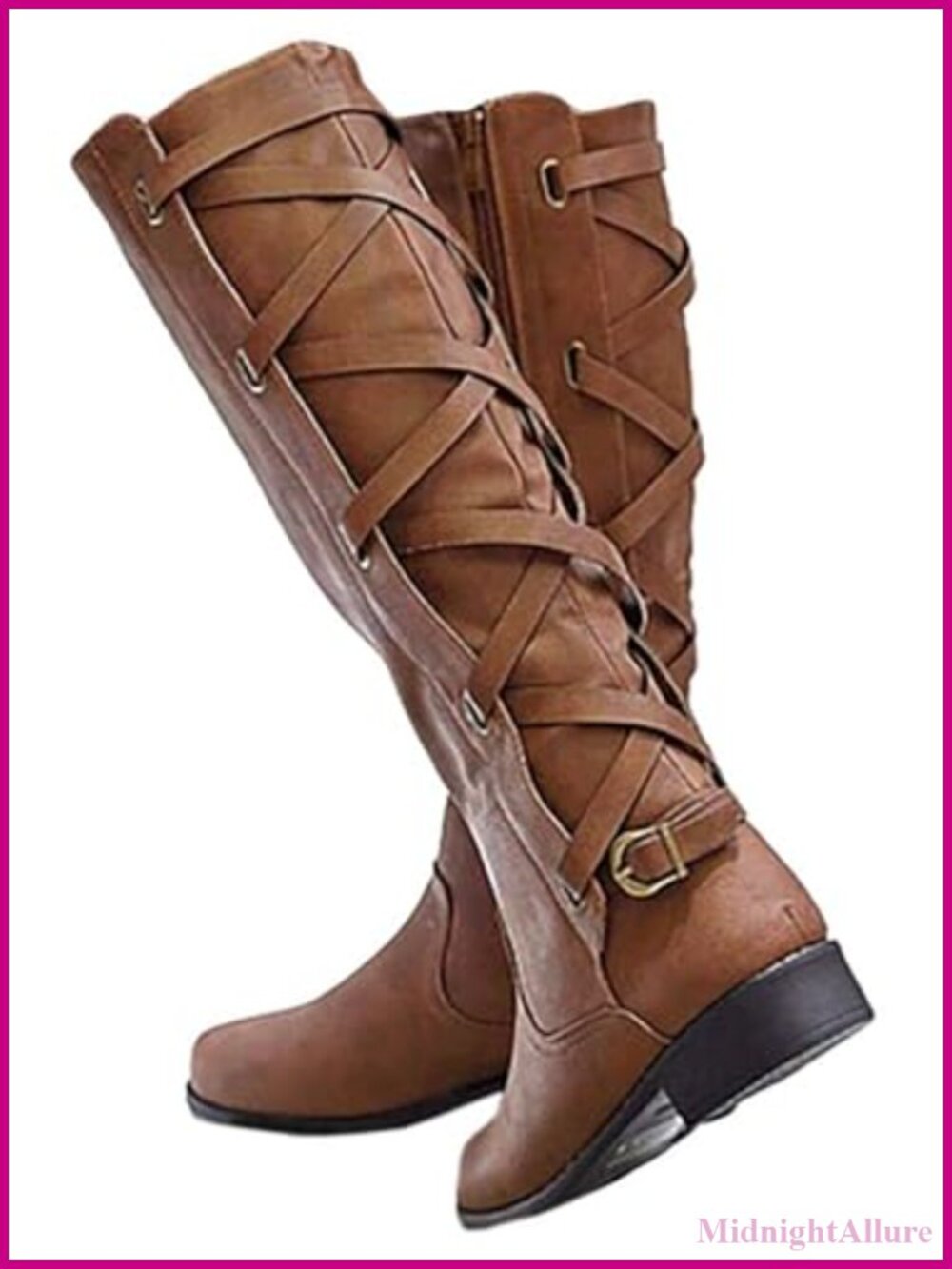 Womens Strappy Motorcycle Knee High Boots Lace Up Riding Flat Low Heel